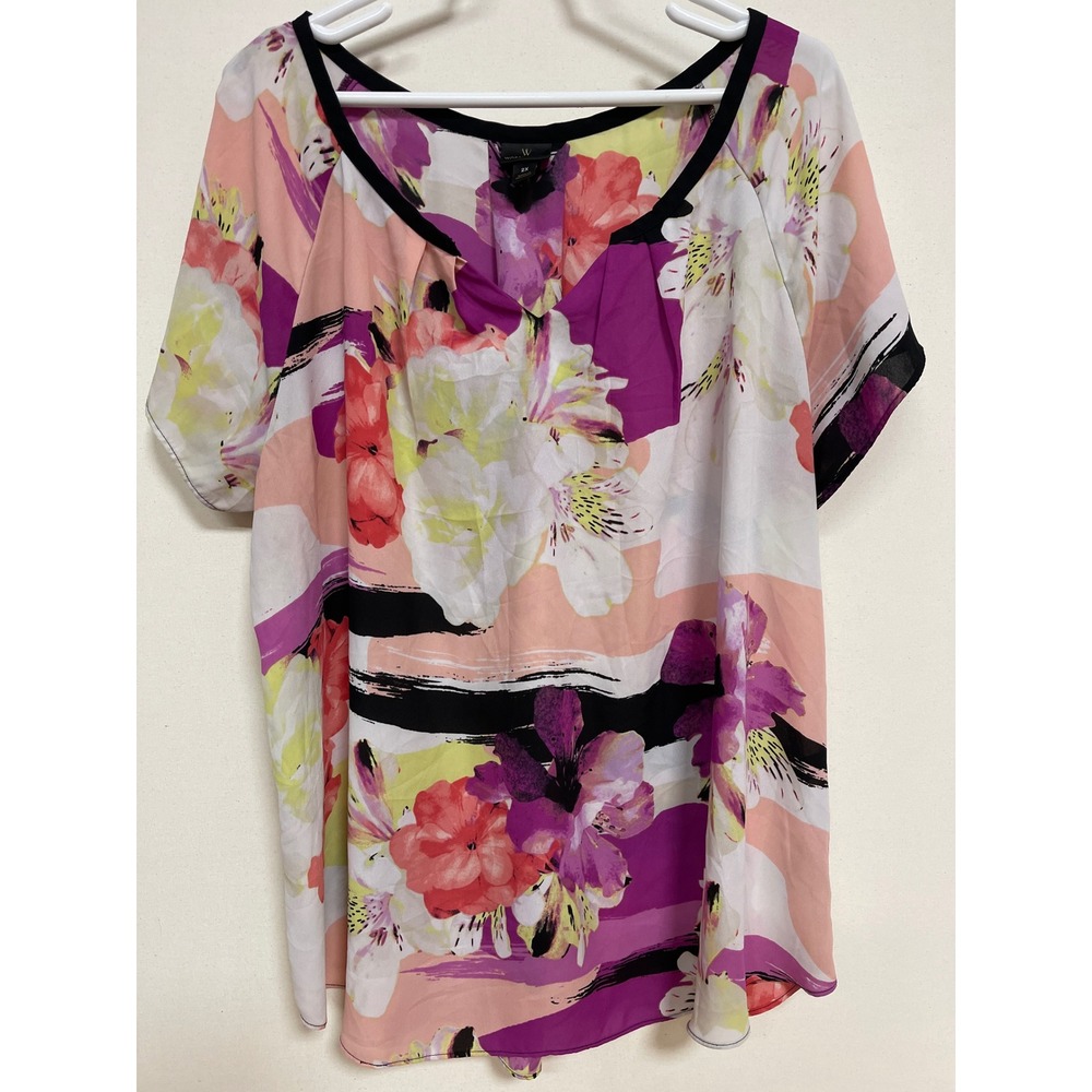 Worthington Woman Floral V-Neck Blouse Purple Pink Abstract Stripe Top 2X